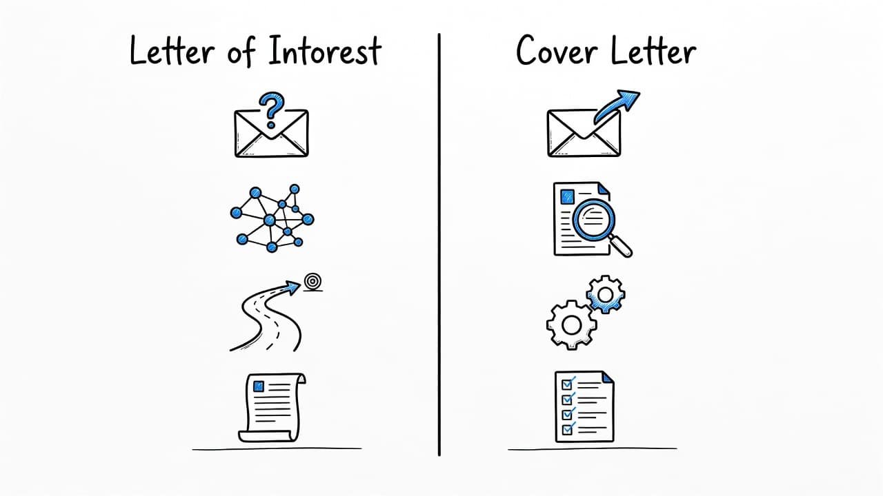 A professional infographic displays two distinct columns drawn with black and blue ink on white paper. The layout provides a clear visual comparison between two different types of professional application documents.