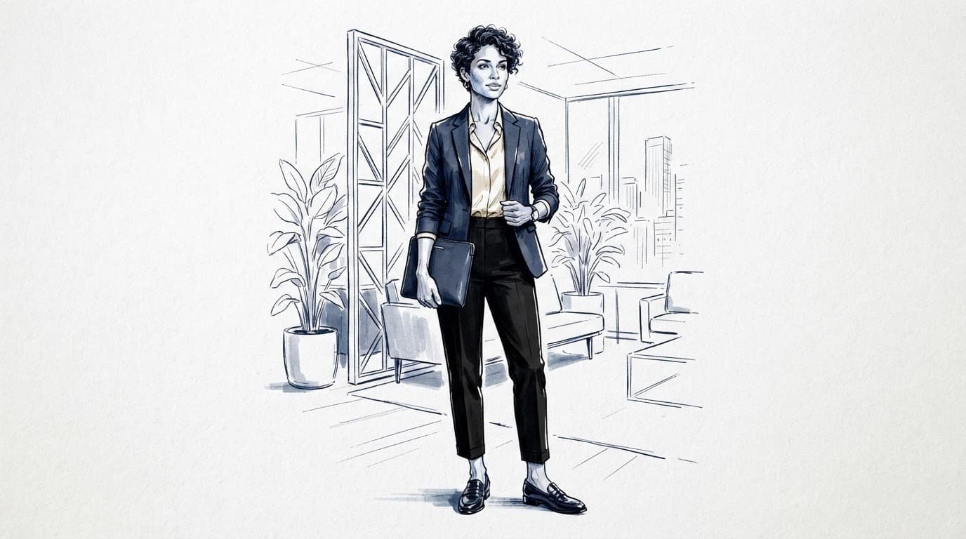 A job candidate in polished modern business attire drawn in black and navy ink.