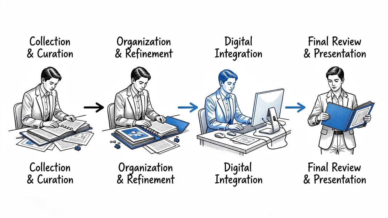 An ink illustration of a person following a step-by-step portfolio guide.