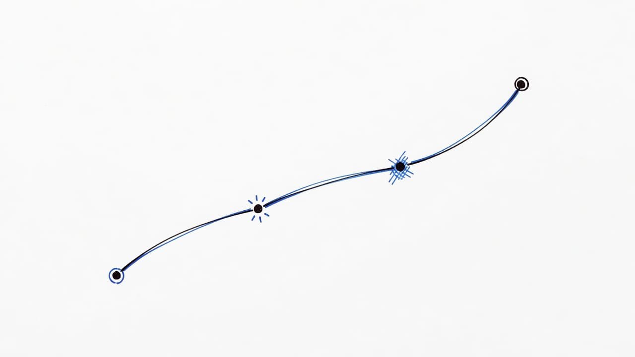 A minimalist hand-drawn illustration features four sequential points linked by a smooth ink line. The clean black and blue design represents a strategic progression of professional skill acquisition and growth.