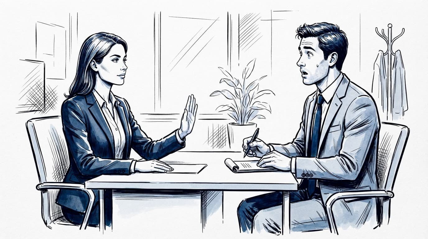 An ink drawing of a job candidate calmly redirecting an inappropriate interview question.