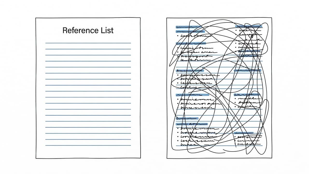 A minimalist hand-drawn illustration features two side-by-side pages on a white background. One document shows a structured, orderly reference list, while the other presents a modern, clean professional resume layout.