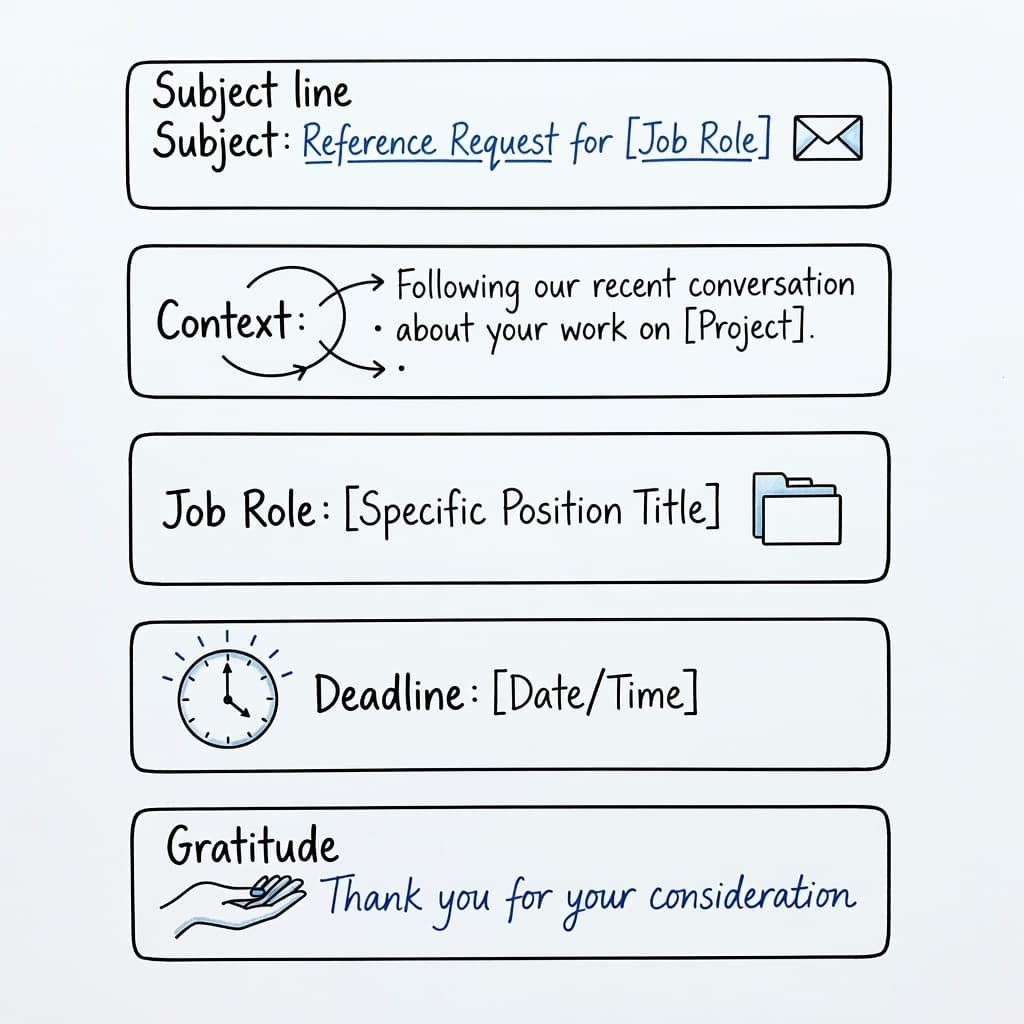 A minimalist hand-drawn ink illustration features a vertical checklist layout on a clean white background. Each item marks essential email components including subject lines, job roles, and deadlines in blue.