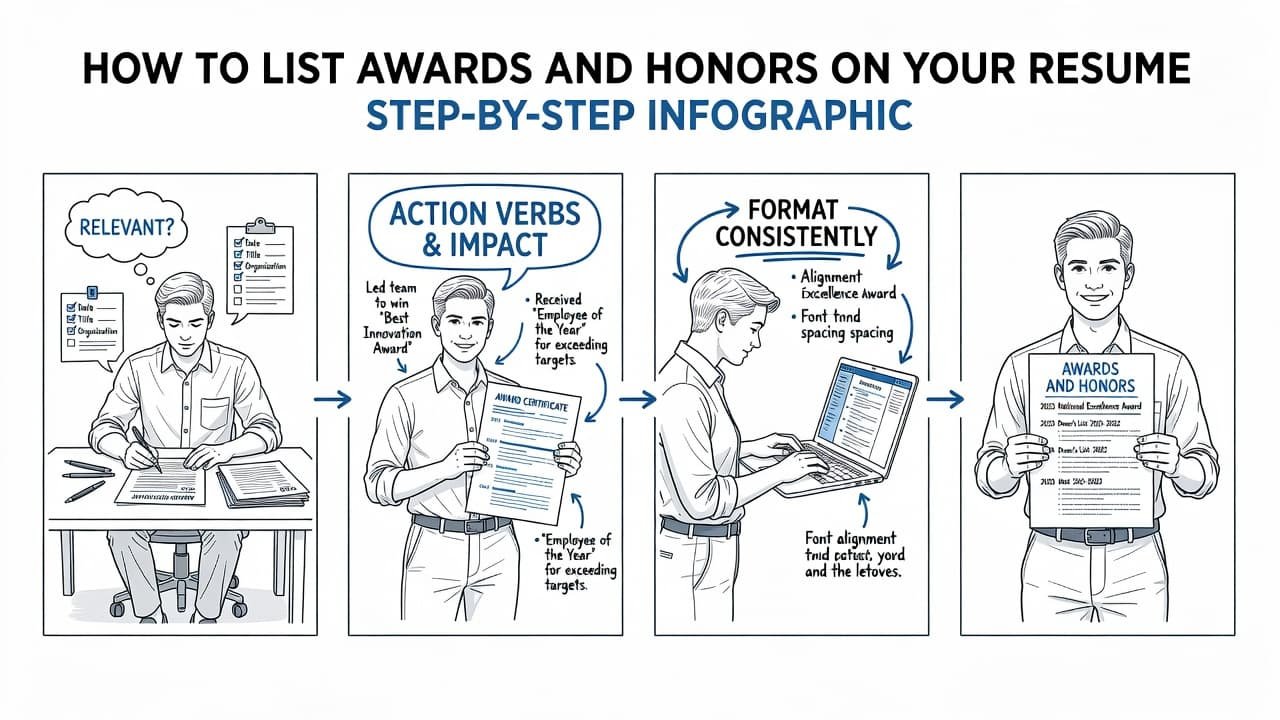 An illustrated guide showing how to format and list achievements on a resume.