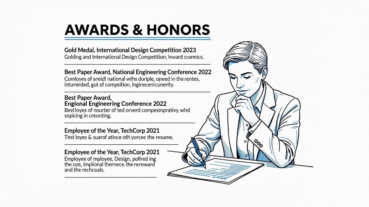 An editorial illustration of a resume section featuring award entries and a single person.