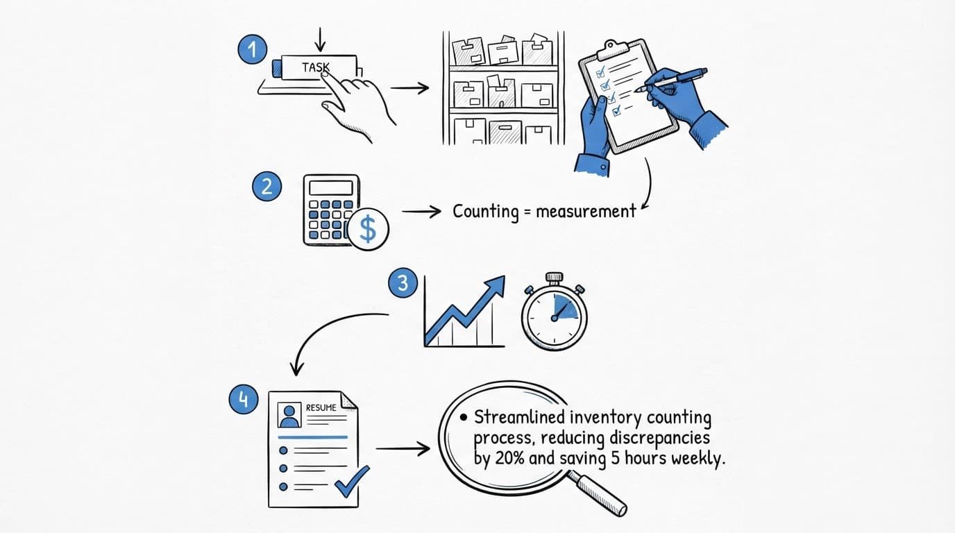 An ink illustration showing a step-by-step process from daily tasks to a resume bullet.