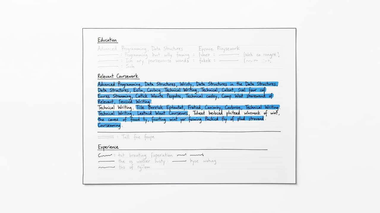 A hand-drawn resume document with a highlighted coursework section on a white background.