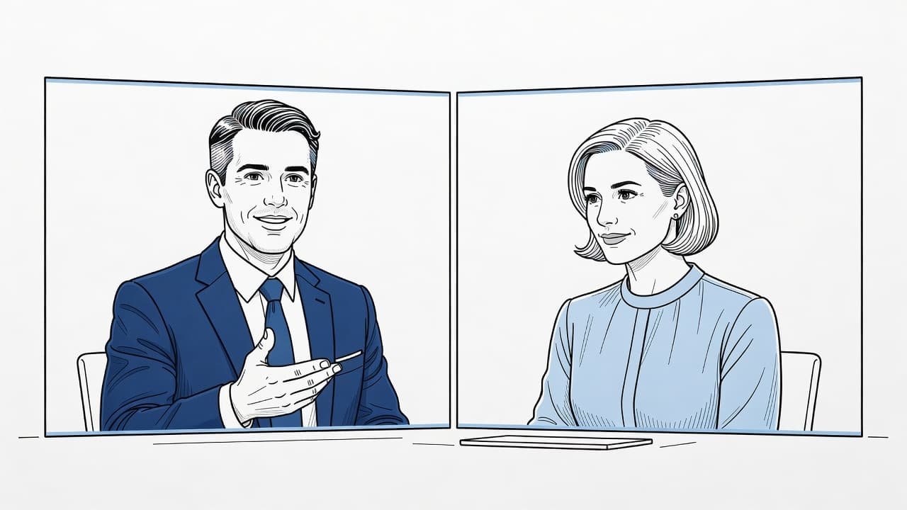 A black and blue ink drawing of two people talking on a video call in a split-screen view.