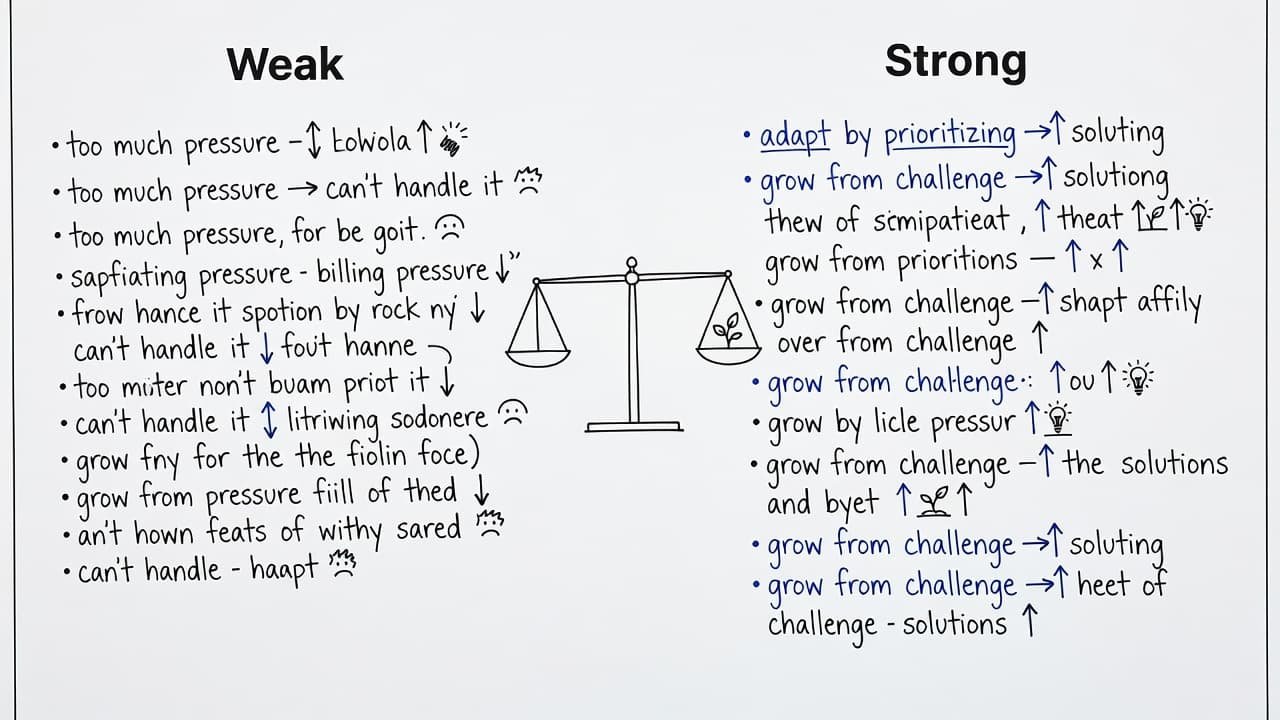 A line art graphic shows a balance scale contrasting two response styles. The left side labeled Weak reflects negativity, while the right side labeled Strong emphasizes structured growth and professional solution-oriented thinking.