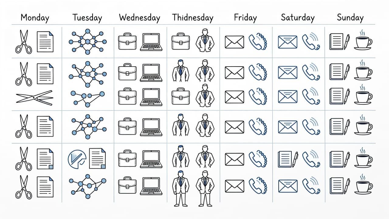 A clean grid layout displays professional task icons rendered in black and blue ink. Simple symbols represent stages like networking, interviewing, and resume building across the seven days of the week.