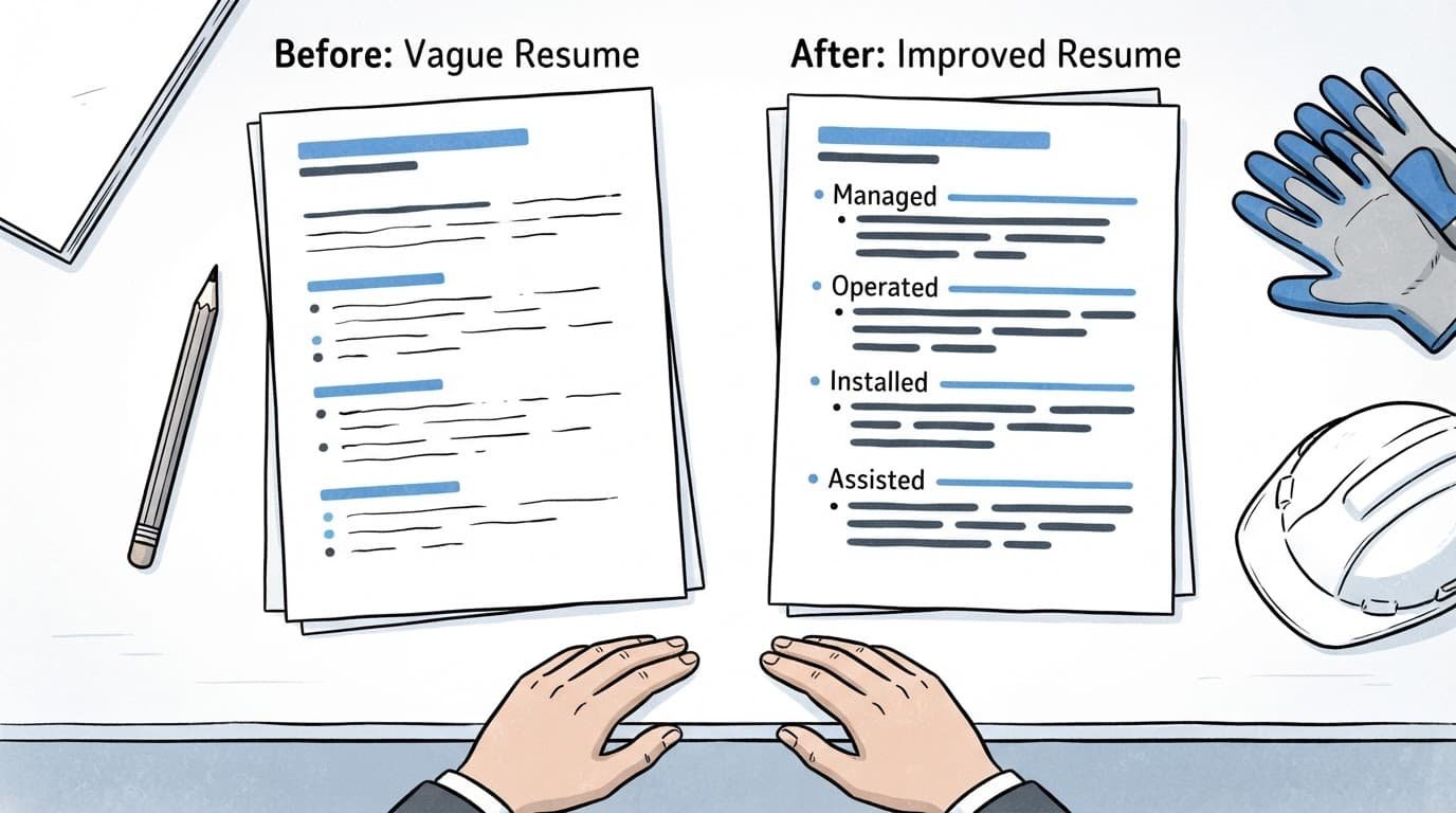 Two resume sheets compare vague and strong bullet layouts beside work gloves and a hard hat.