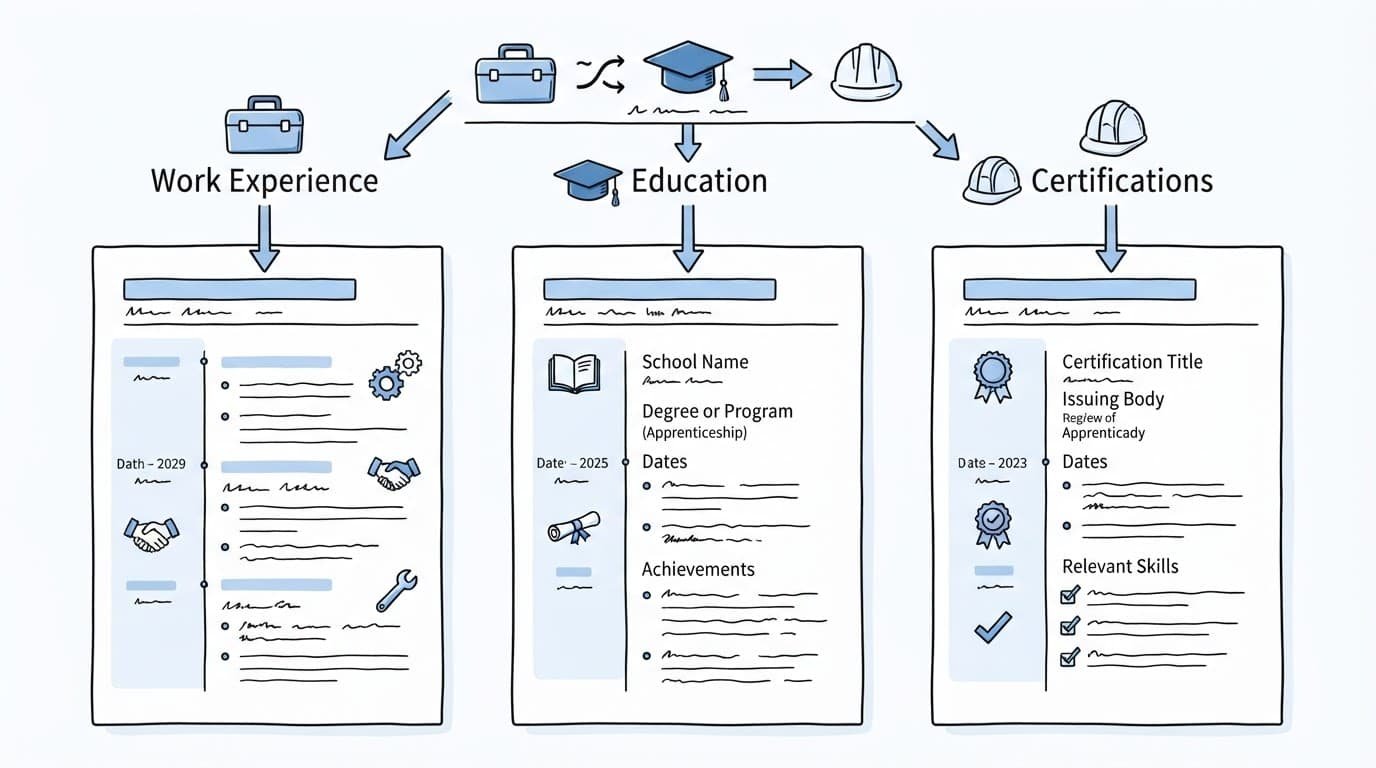A resume diagram shows work experience, education, and certification paths with simple career icons.
