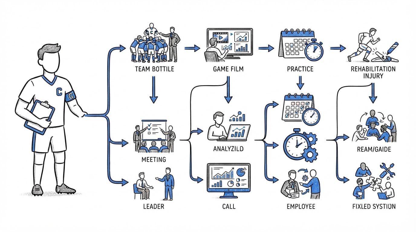 An athlete profile linked to workplace symbols for leadership, analysis, scheduling, and problem-solving.