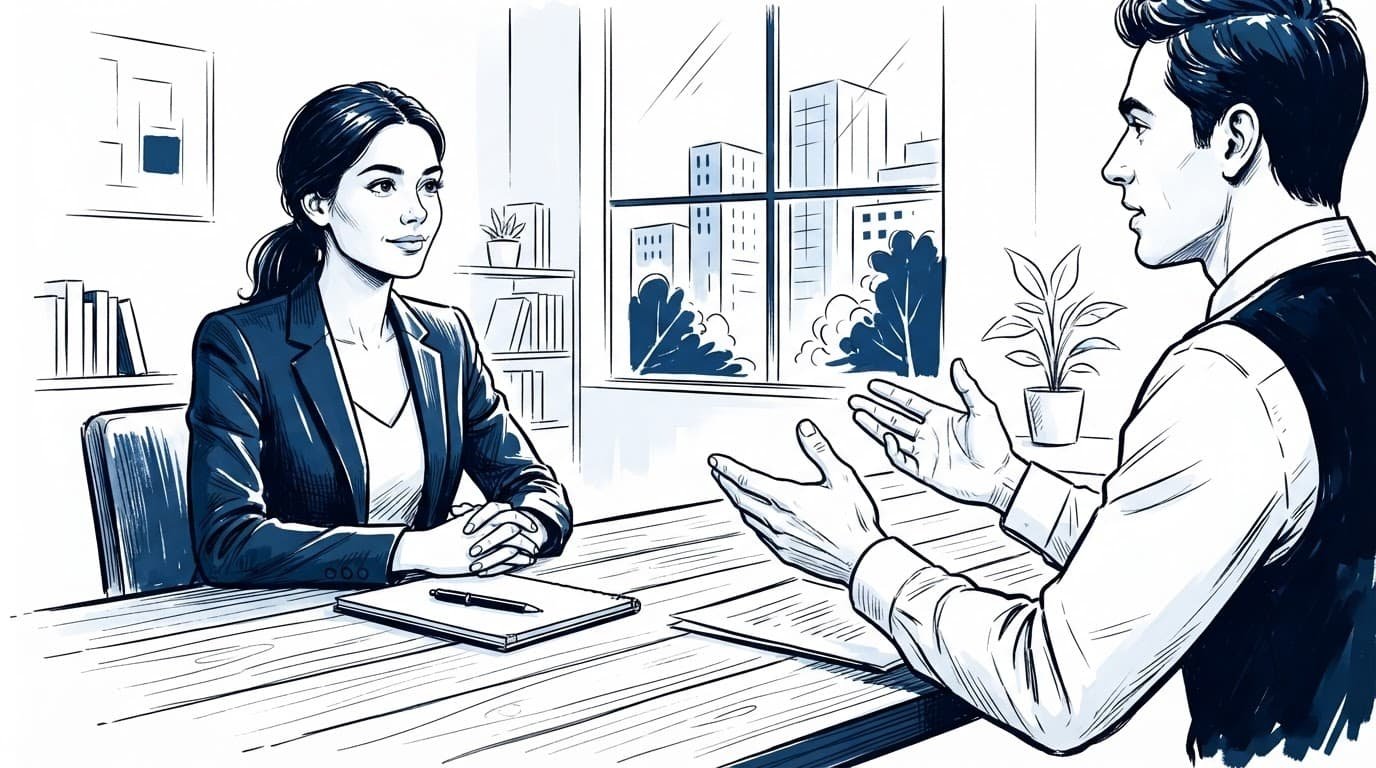 A job candidate listens calmly to feedback across a desk.