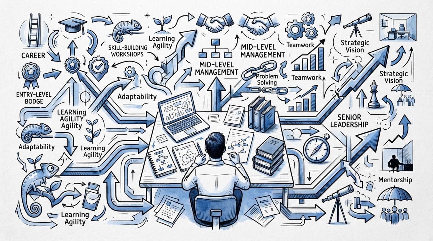 One person reviews interview notes beside branching career paths.