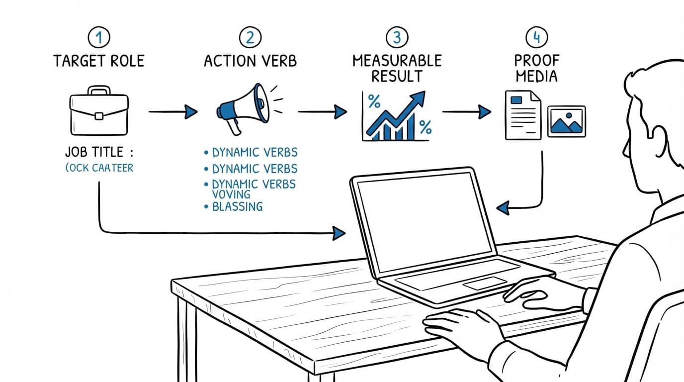 A person beside a laptop follows four connected steps for improving a work profile.