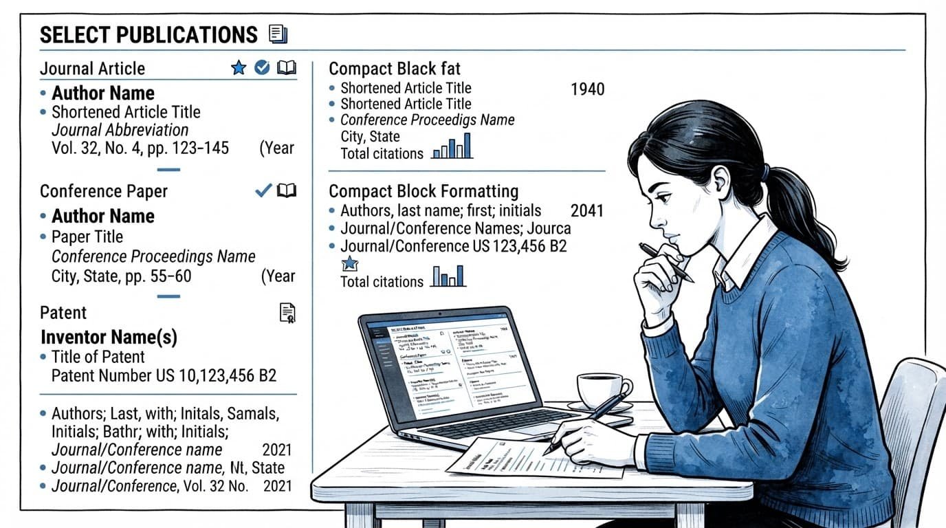 A black-and-blue resume illustration showing compact publication entries beside one person.