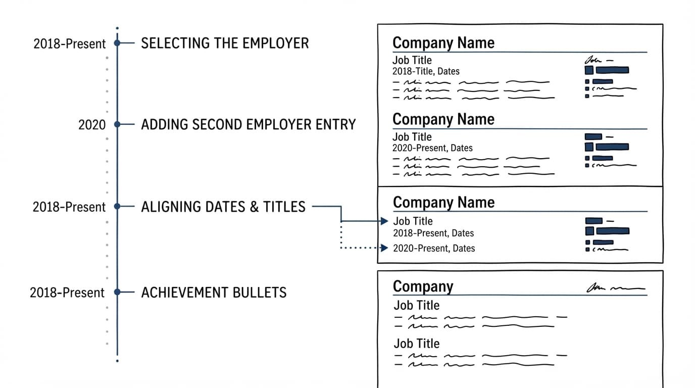 Four panels show how to organize two concurrent jobs on a resume.