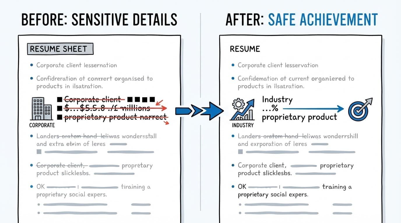 Two resume sheets show sensitive details changing into anonymized achievements.