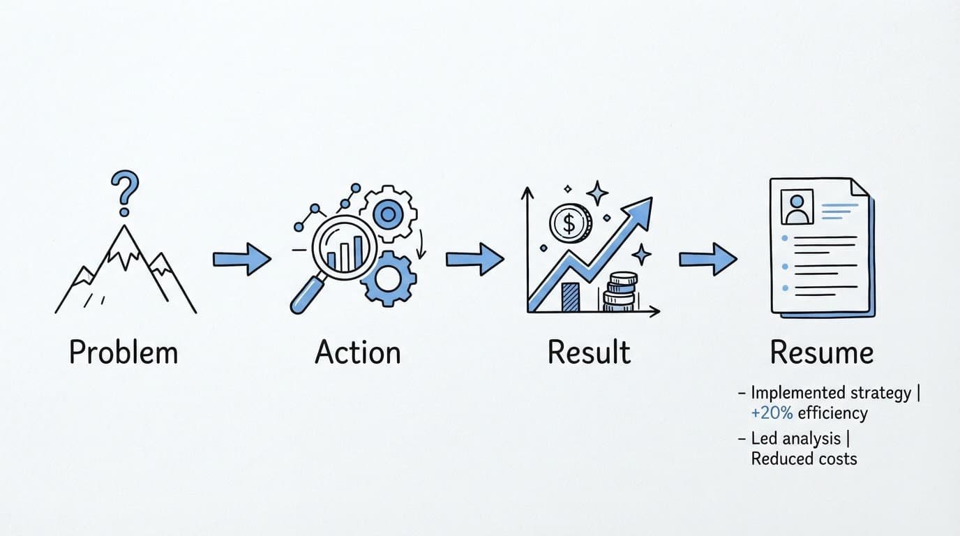 Infographic showing consulting work becoming measurable resume results.
