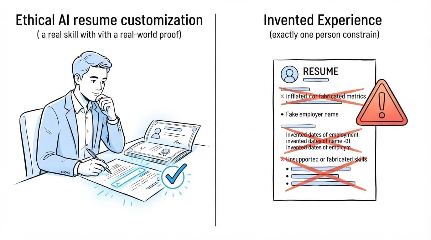 A person verifies resume details while false credentials are marked with warning symbols.
