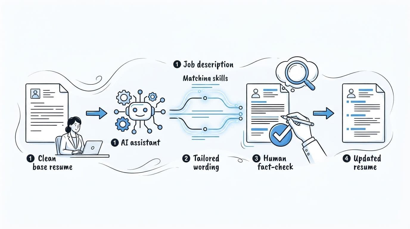 A resume workflow links job requirements to skill matching and human fact-checking.