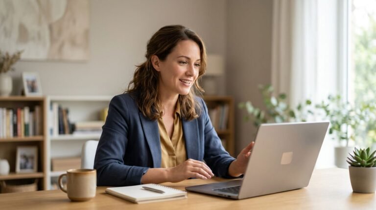 A professional speaking to a laptop beside a blank notebook.