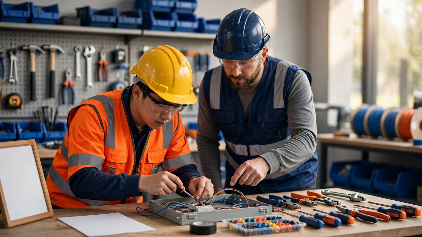 An electrical apprentice wires a training panel as a supervisor watches in a workshop.