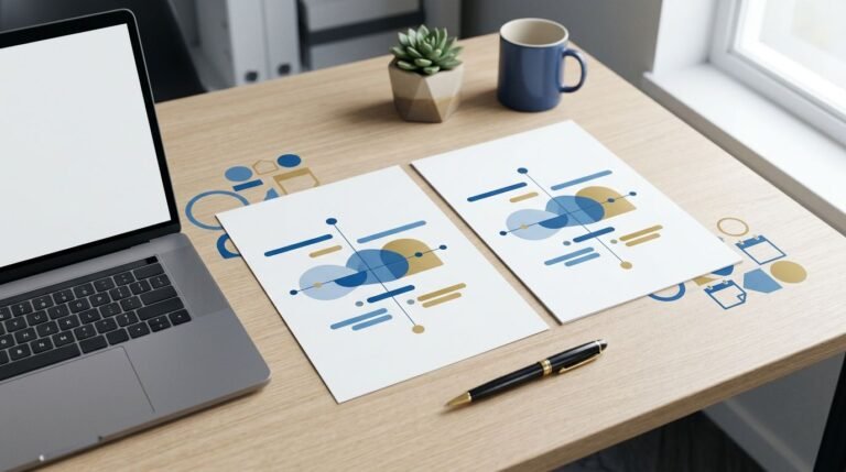 Two blank resumes with overlapping timelines beside a laptop and pen.