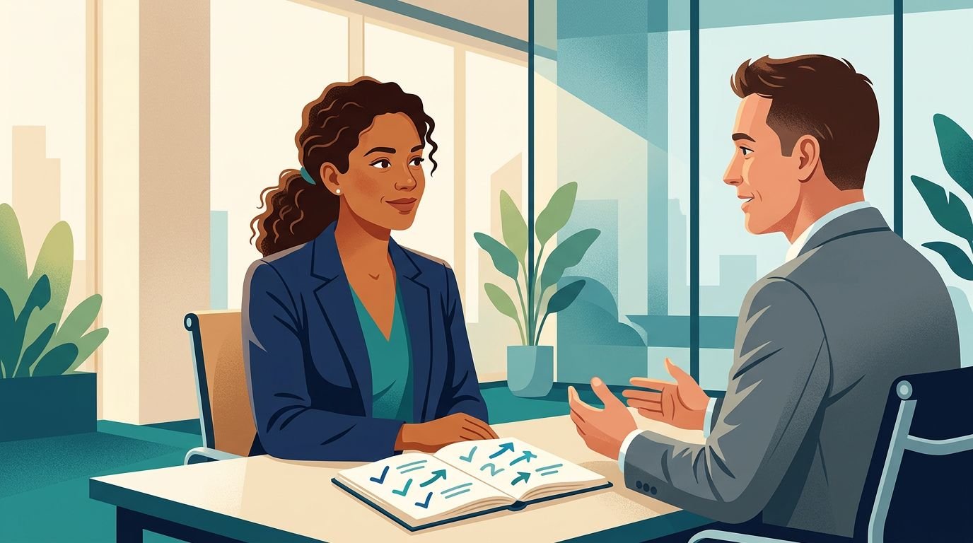 Professional listening to a hiring manager beside an open notebook in a modern office.