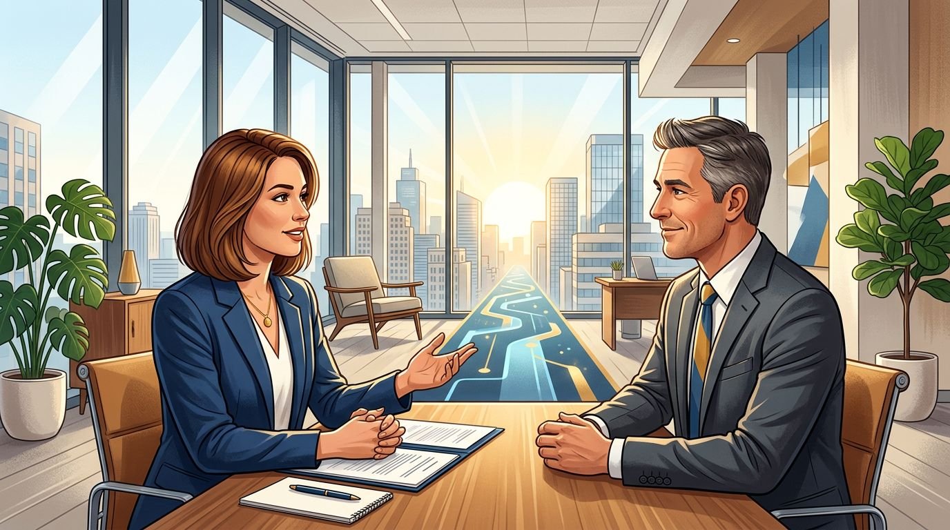 A job candidate speaks with a hiring manager in a bright modern office.
