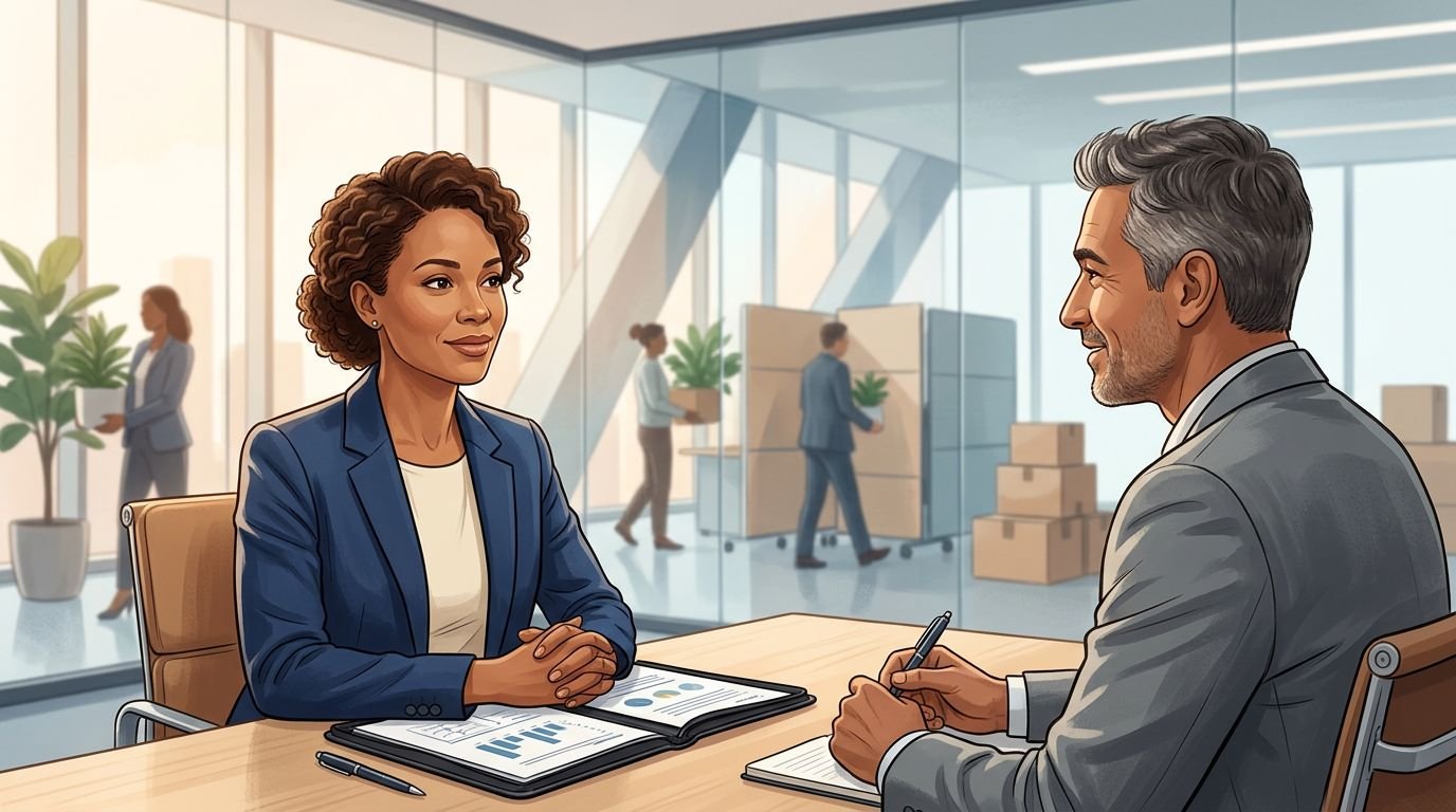 A professional candidate discusses a career transition with a hiring manager across an office table.