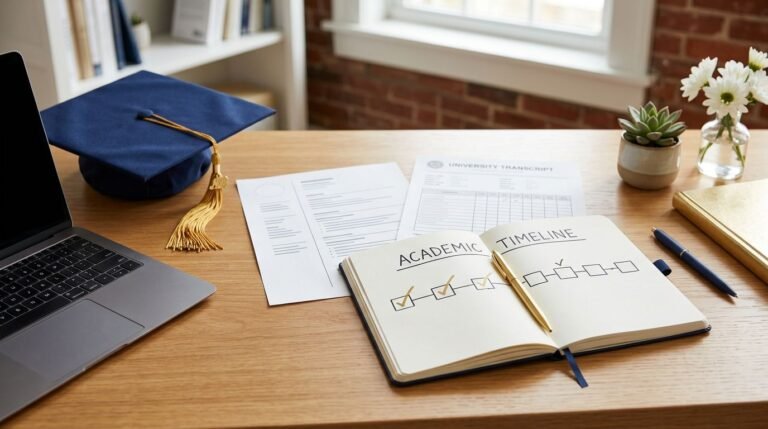 A resume, transcript, laptop, and graduation cap arranged on a desk.
