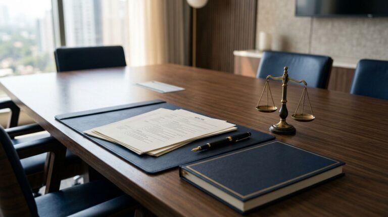 Resume pages, a fountain pen, governance papers, and scales on a boardroom table.