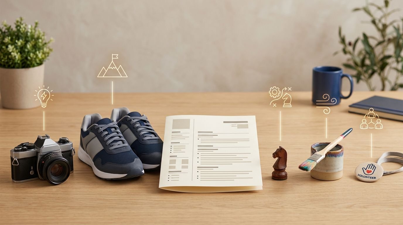 An open resume surrounded by a camera, running shoes, chess piece, paintbrush, and volunteer badge.