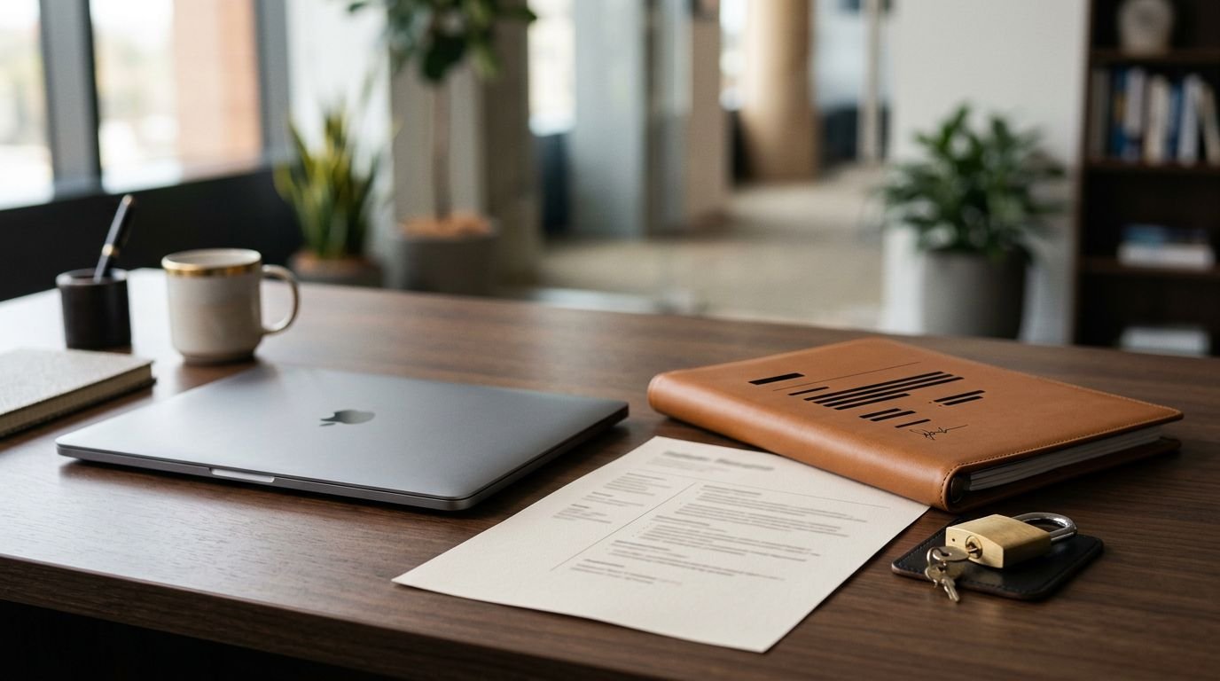 A laptop, redacted folder, padlock, and blurred resume page on a modern desk.
