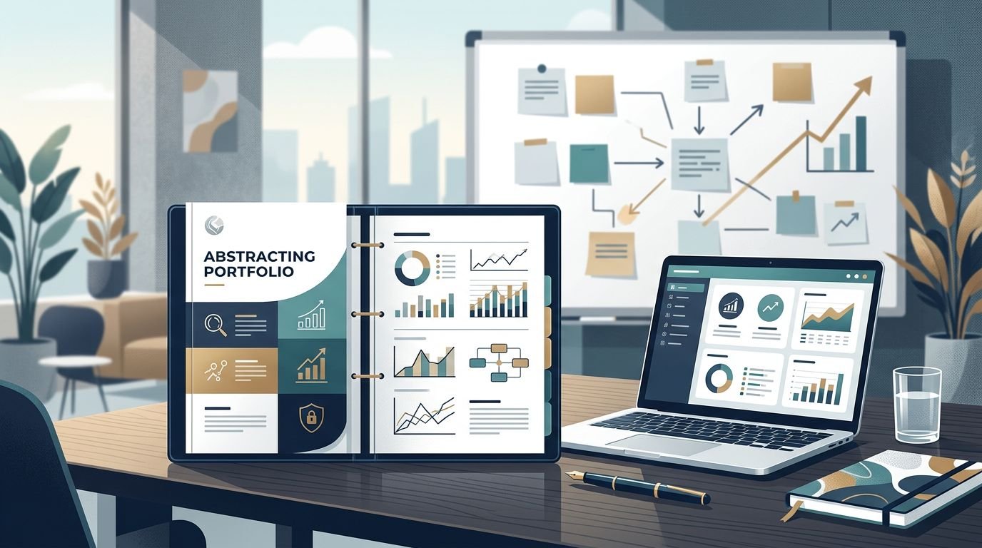 A consulting portfolio beside a laptop and planning board in a modern office.