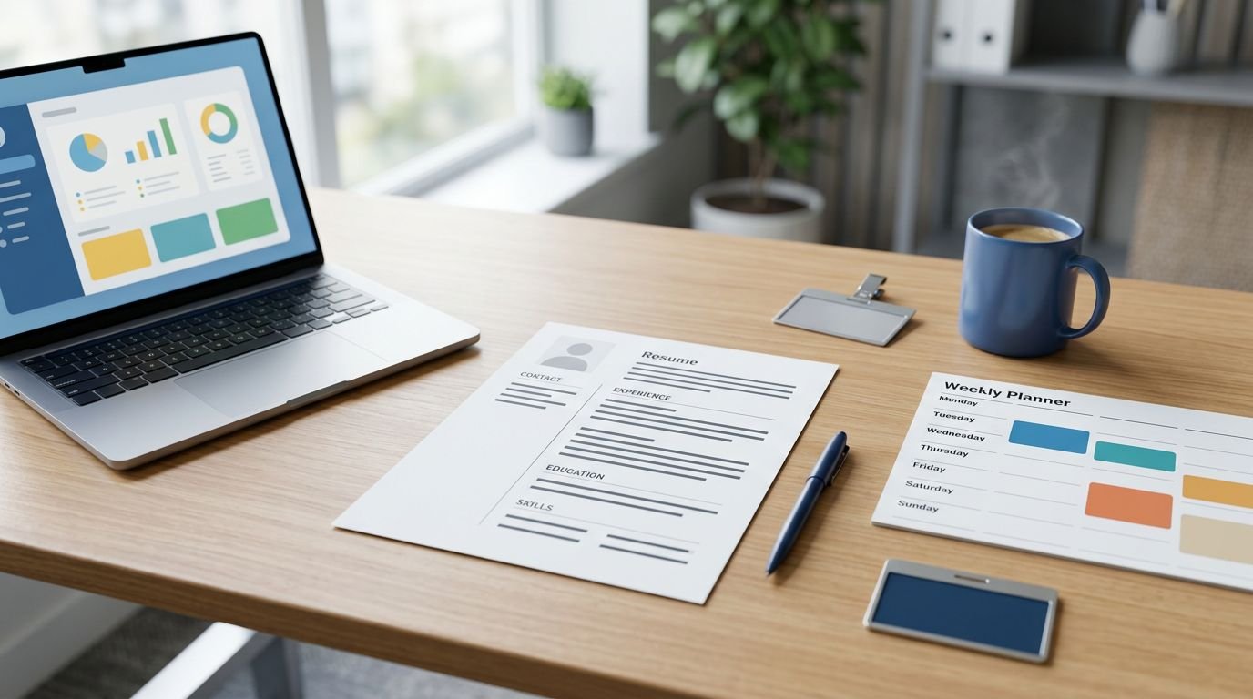A blank resume beside a laptop, weekly calendar, name badge, and coffee cup.