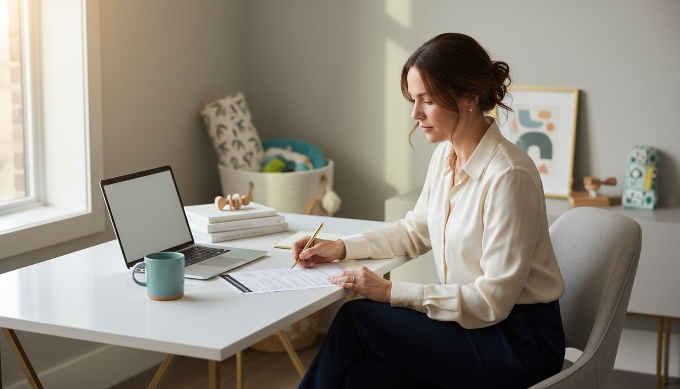 Stay-at-home mother reviewing a resume beside a laptop in a bright, organized home office.