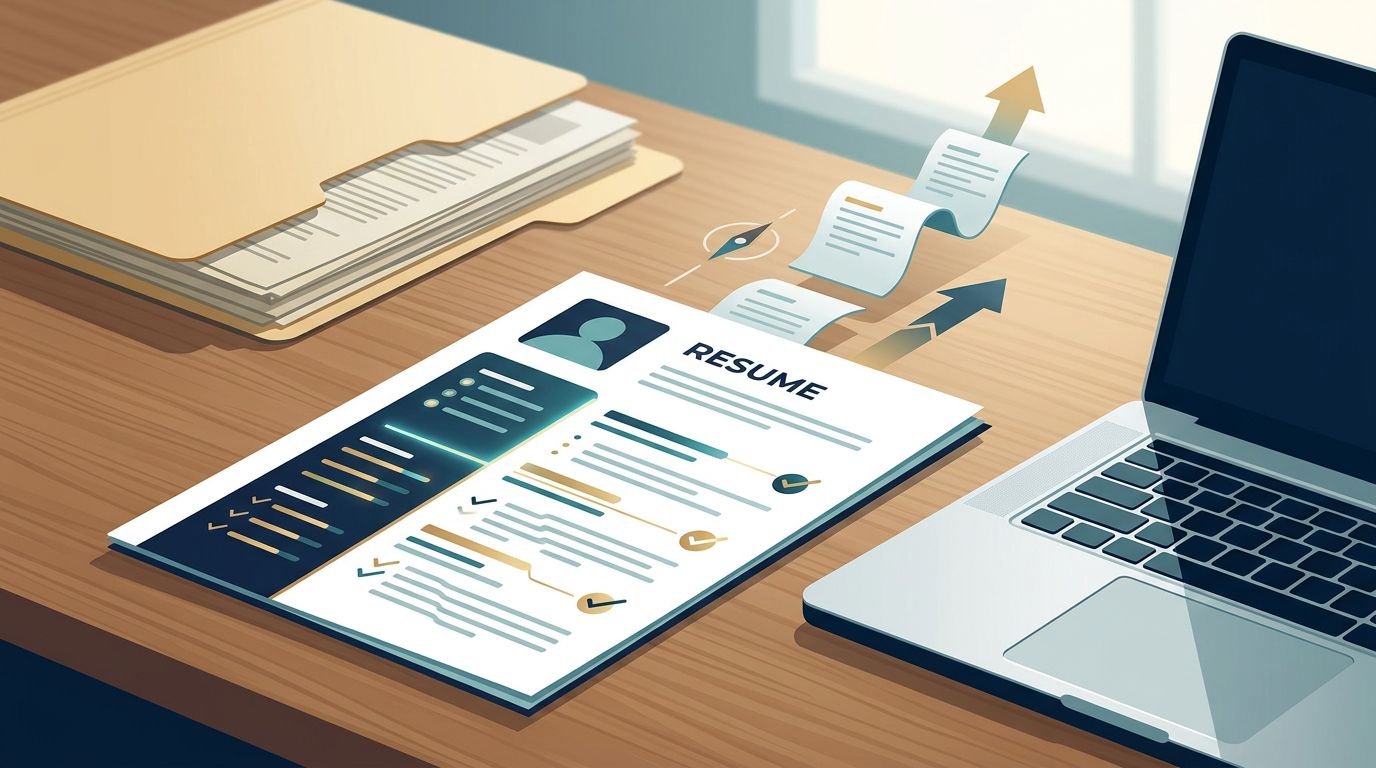 A polished resume beside a laptop and an organized folder of older documents.