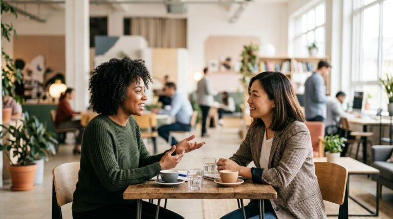 Two professionals talk over coffee at a coworking table with a laptop and notebook.