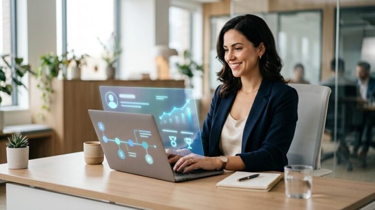 A professional reviews a career profile on a laptop at a modern office desk.