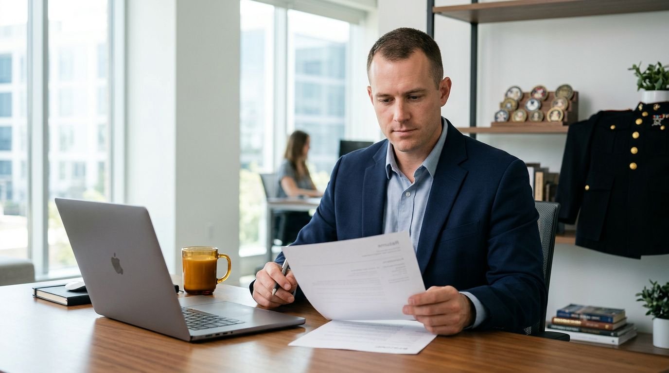 Service member reviewing a resume beside a laptop with military items in the background.