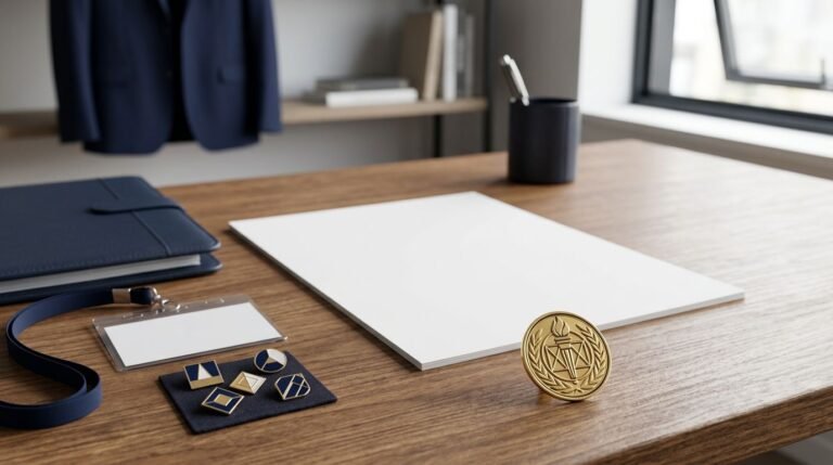 Blank resume beside association pins, a conference badge, portfolio, and gold membership emblem.