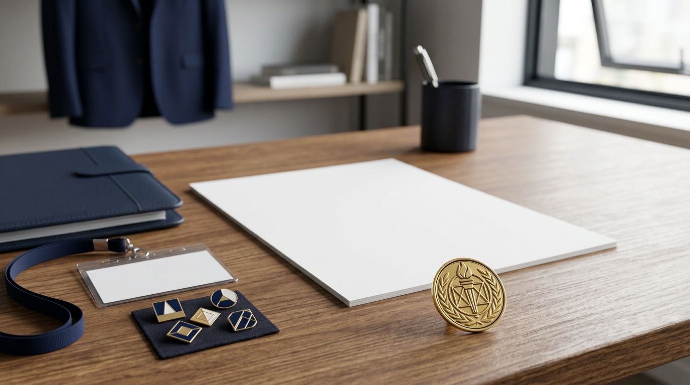 Blank resume beside association pins, a conference badge, portfolio, and gold membership emblem.