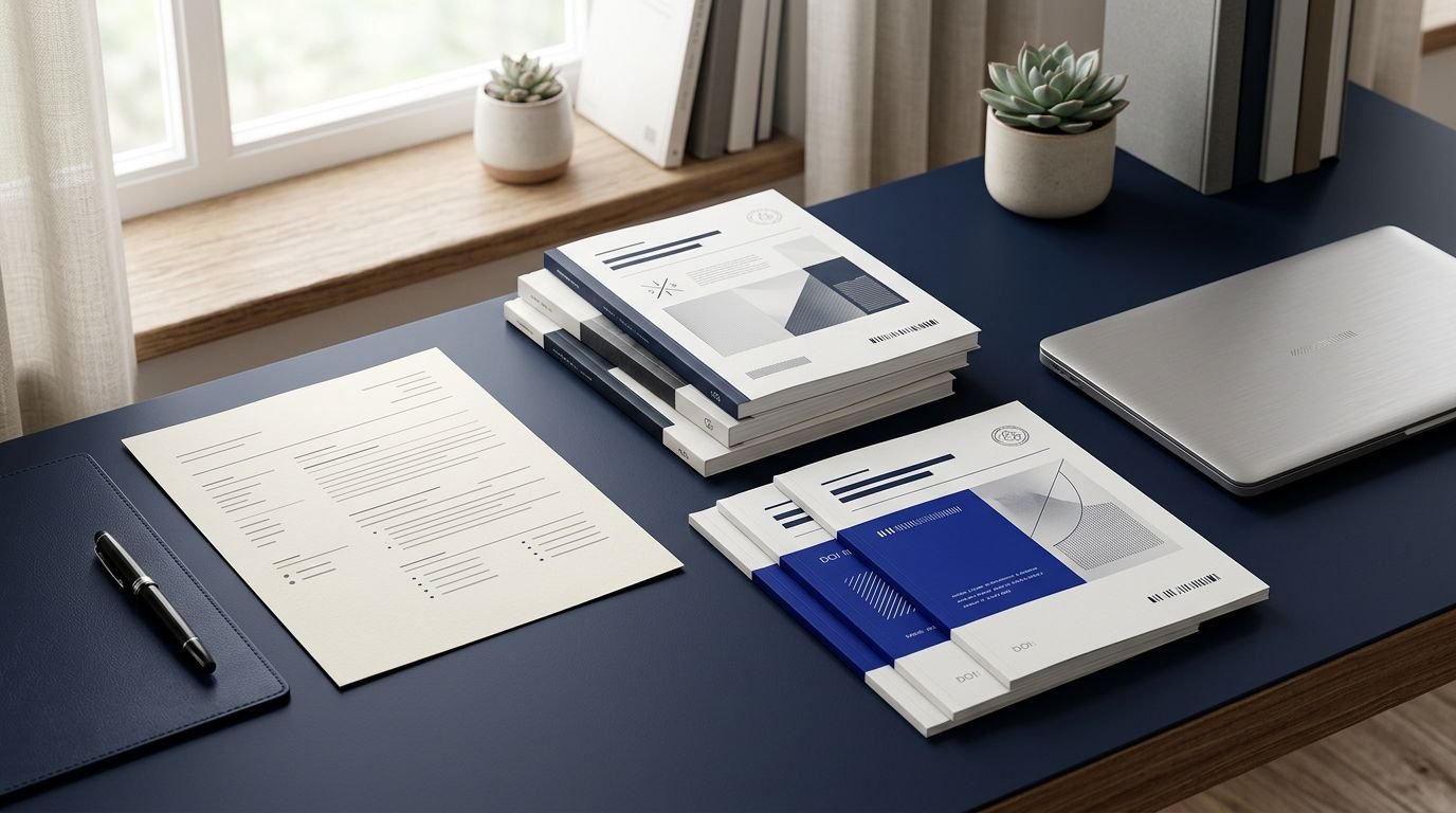 A one-page resume beside journal articles, a laptop, and a fountain pen.