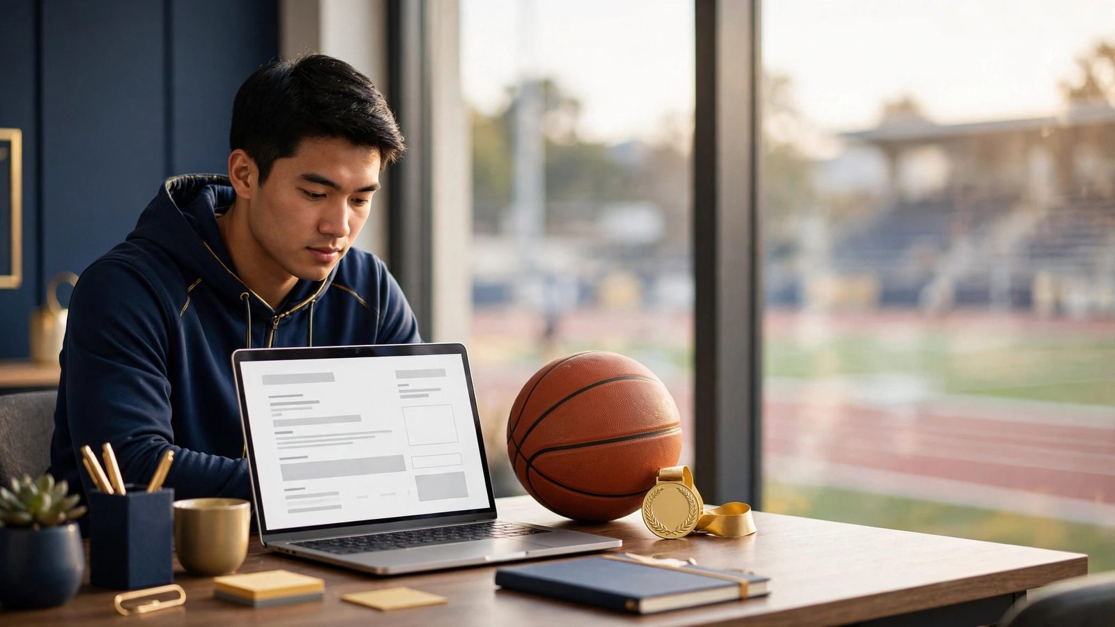 College athlete viewing a resume on a laptop beside a basketball and medal.