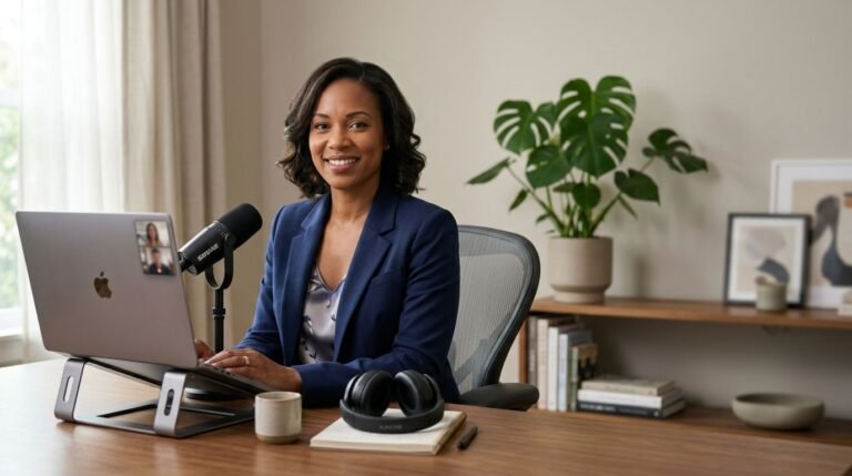 Professional smiling at a laptop during a virtual interview in a home office.