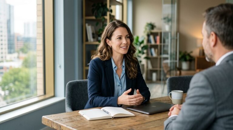 A professional answers questions across a table in a bright modern office.