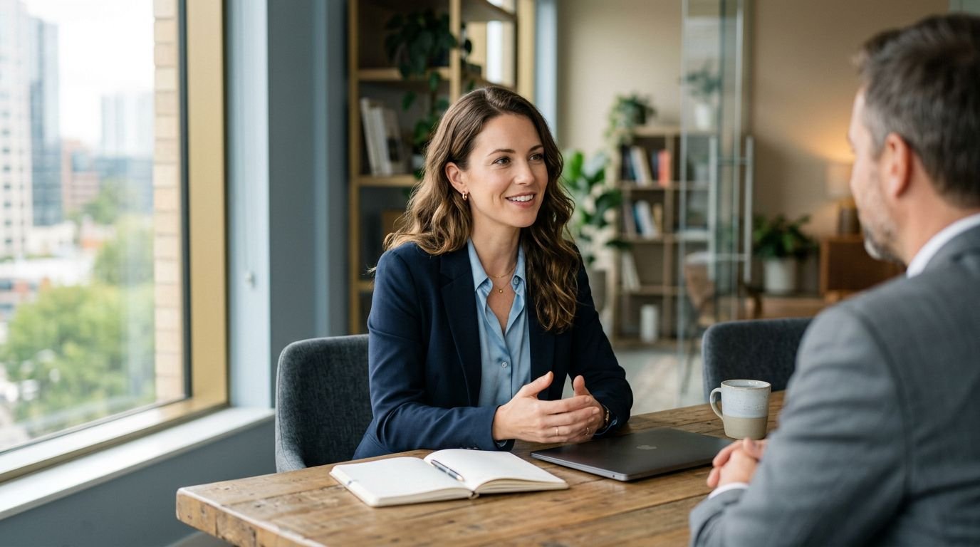 A professional answers questions across a table in a bright modern office.
